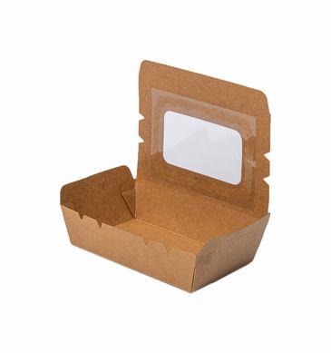 Контейнер для еды из бумаги КРАФТ с окном 150х100х40мм 500мл. 50шт в уп.
